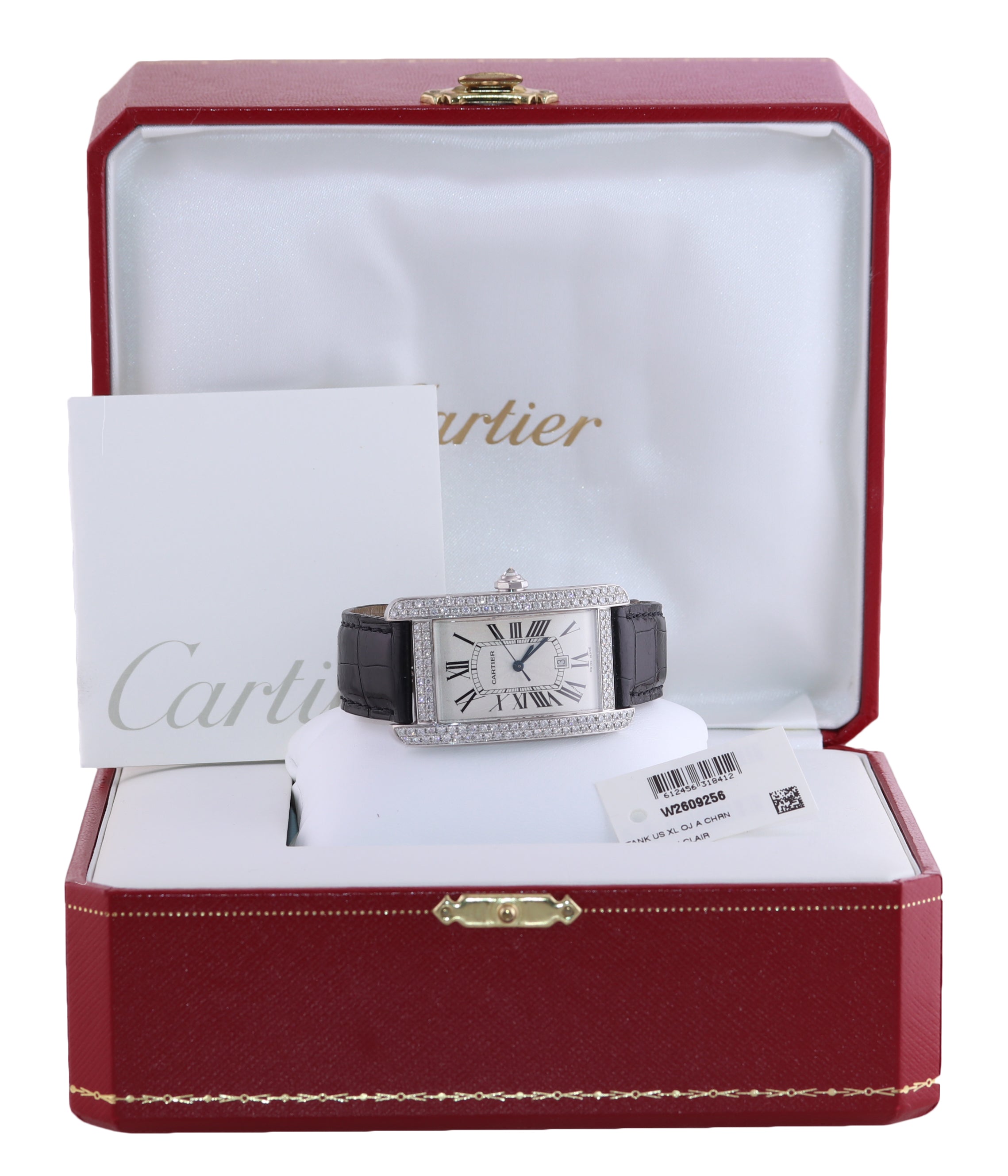 Ladies Cartier Tank Americaine XL 18k White Gold Diamond Leather Watch 2521 Box