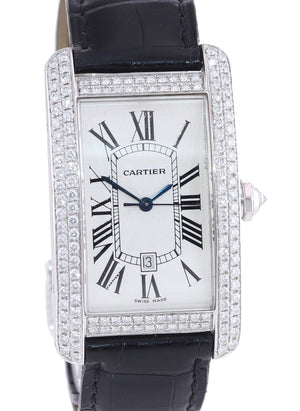 Ladies Cartier Tank Americaine XL 18k White Gold Diamond Leather Watch 2521 Box