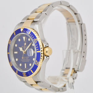 Rolex Submariner 18K Two-Tone Yellow Gold Blue NO-HOLES 40mm Steel Watch 16613