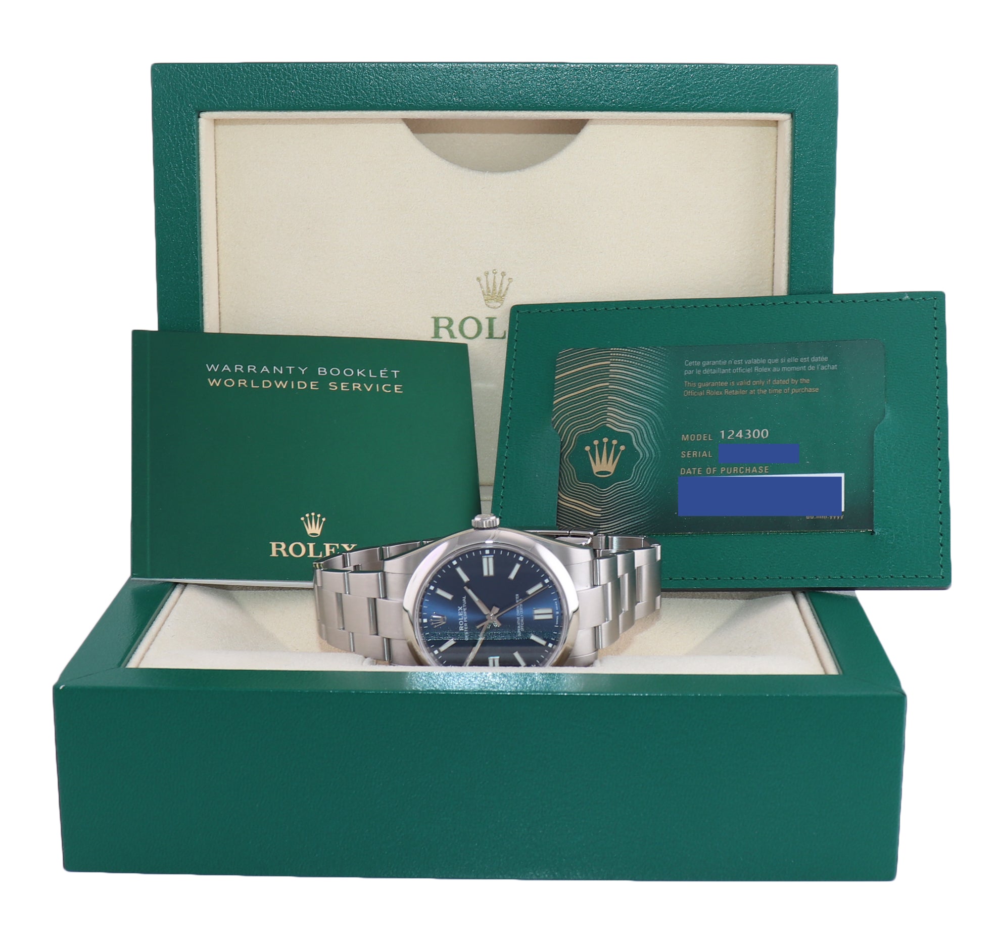 NEW 2022 PAPERS Rolex Oyster Perpetual 41mm Blue Stick Oyster Watch 124300 Box