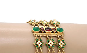 Art Nouveau Emerald & Garnet Enamel Chain Bracelet in 18k Yellow Gold - 6.50"