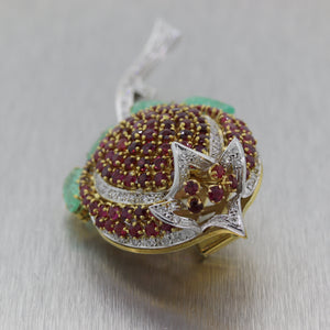 1960s Vintage Estate 18k White Gold 7.50ctw Ruby Diamond Emerald Rose Brooch Pin