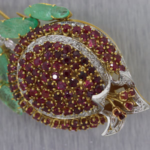 1960s Vintage Estate 18k White Gold 7.50ctw Ruby Diamond Emerald Rose Brooch Pin