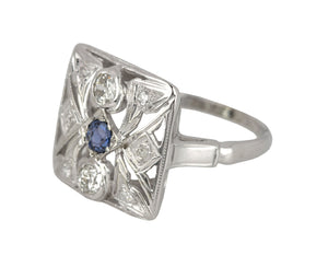 Ladies Antique Art Deco 14K White Gold 0.32ctw Diamond Blue Sapphire Ornate Ring