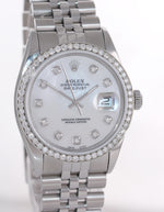 DIAMOND Bezel Rolex DateJust 36mm MOP Dial 16000 Steel White Gold Jubilee Watch
