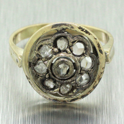 Victorian Antique Solid 14k Gold & Silver Rose Cut Diamond Round Ring