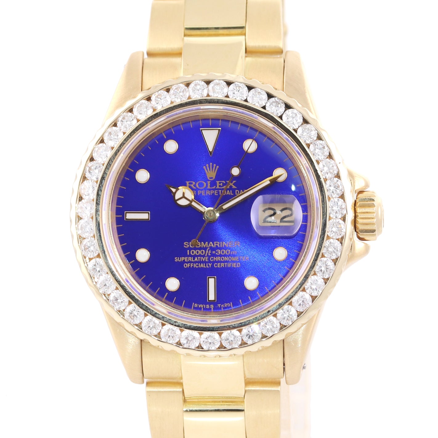 DIAMONDS Rolex Submariner Date 16808 18k Yellow Gold Blue Dial 40mm Watch 16618