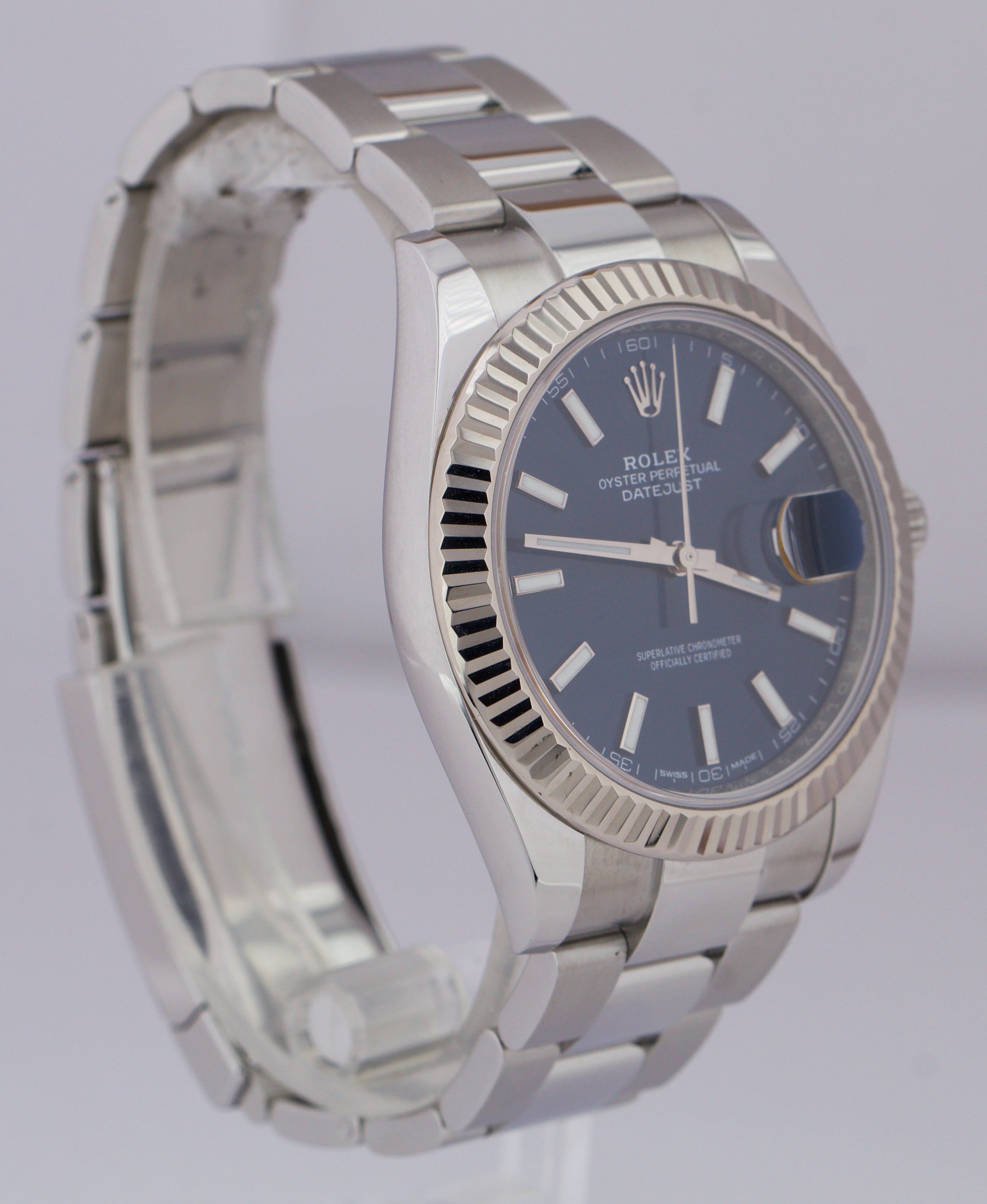 2018 Rolex DateJust 41 Blue Stainless Steel 18K WG Fluted Oyster Watch 126334