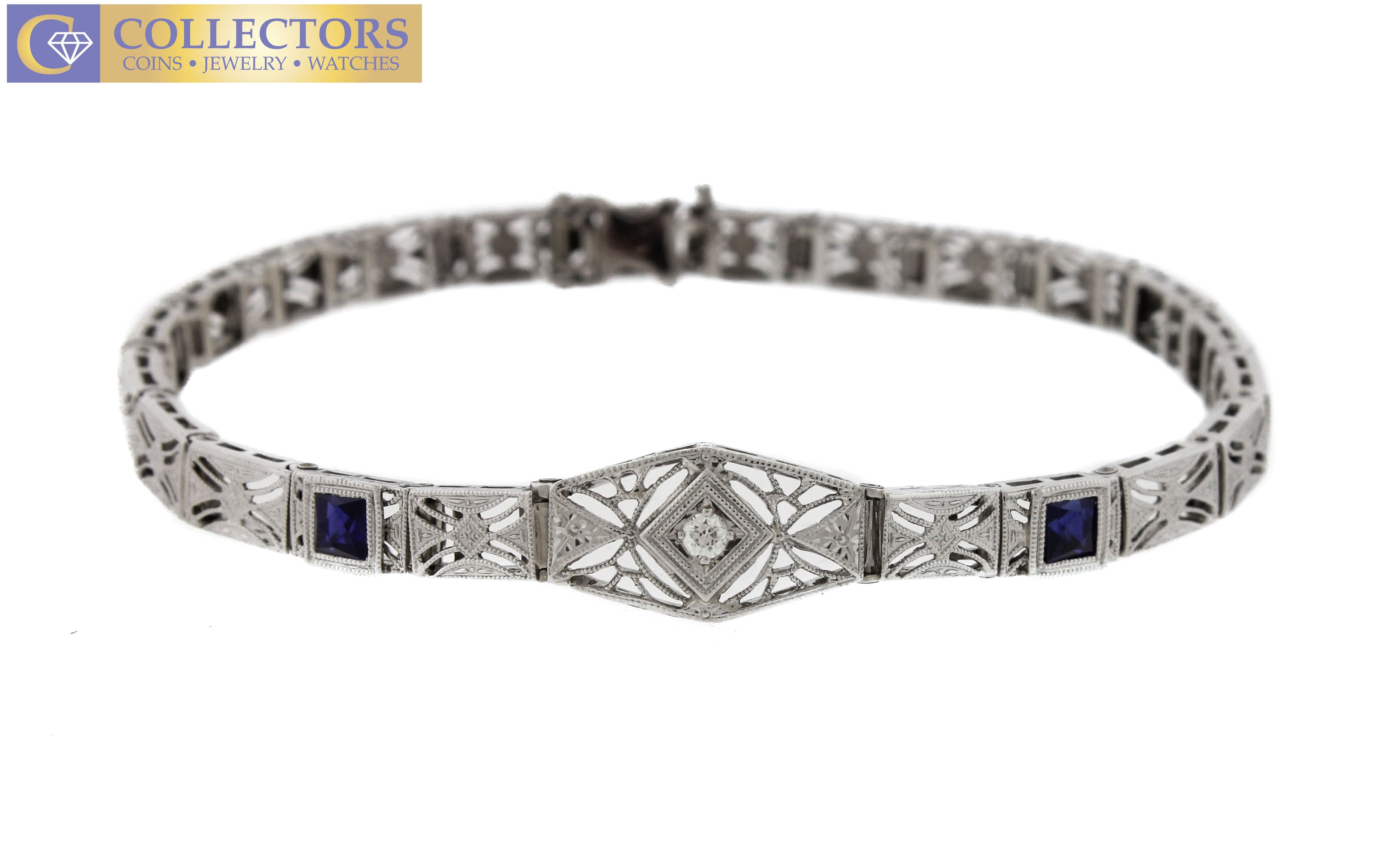 Vintage Art Deco 14K White Gold 0.15ctw Blue Sapphire Diamond Filigree Bracelet