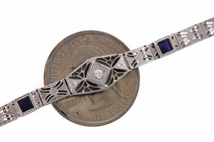 Vintage Art Deco 14K White Gold 0.15ctw Blue Sapphire Diamond Filigree Bracelet