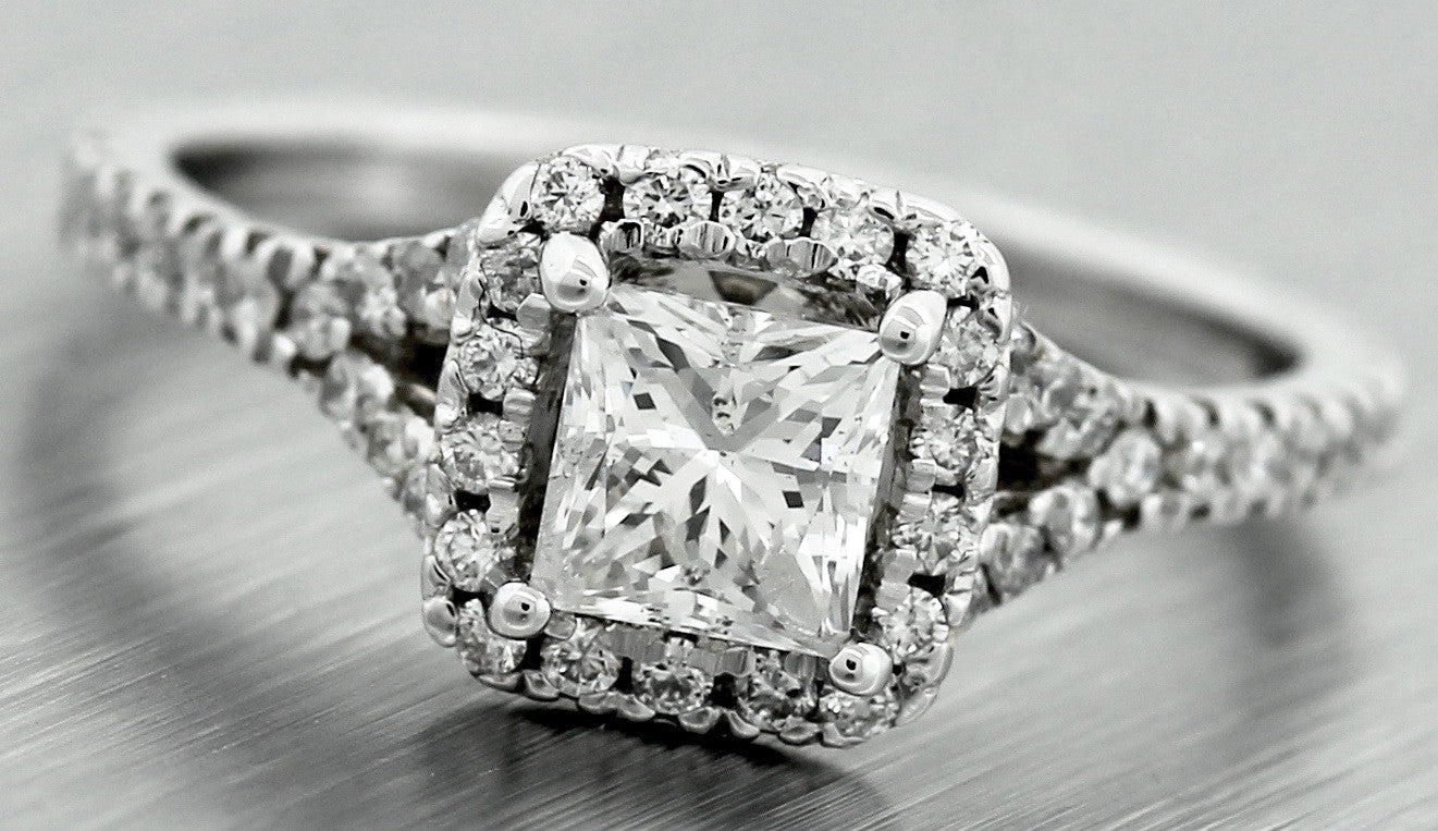 $4730 Ladies Estate 1.58ctw Princess Diamond Halo 14K White Gold Engagement Ring