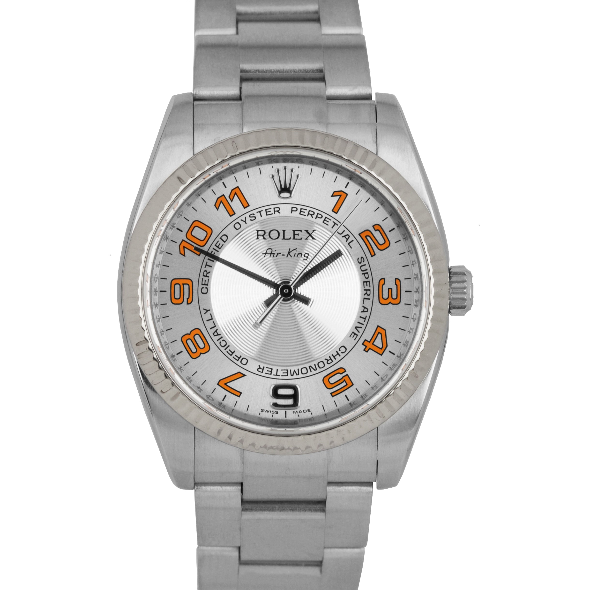 2008 Rolex Air-King Oyster Perpetual Silver Orange Concentric 34mm Watch 114234