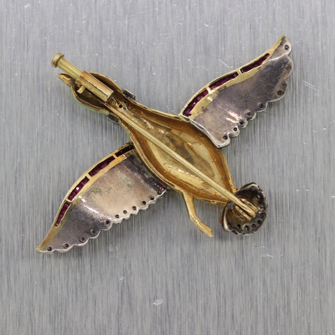 1890 Antique Victorian 18k Yellow Gold Silver Enamel & Diamond Bird Brooch Pin