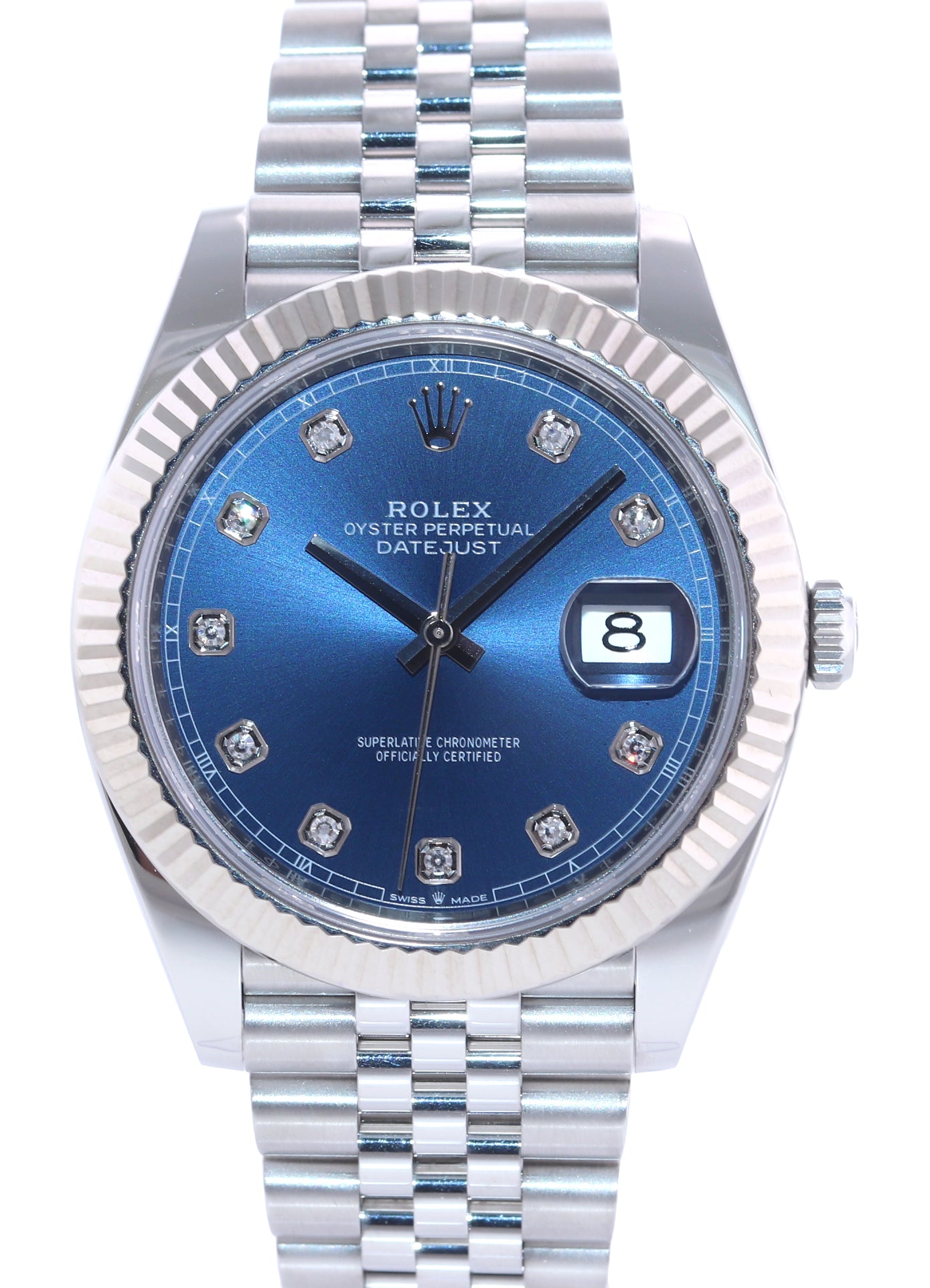 2021 PAPERS Rolex DateJust 41 126334 Blue Diamond Dial Steel Fluted Jubilee Watch Box