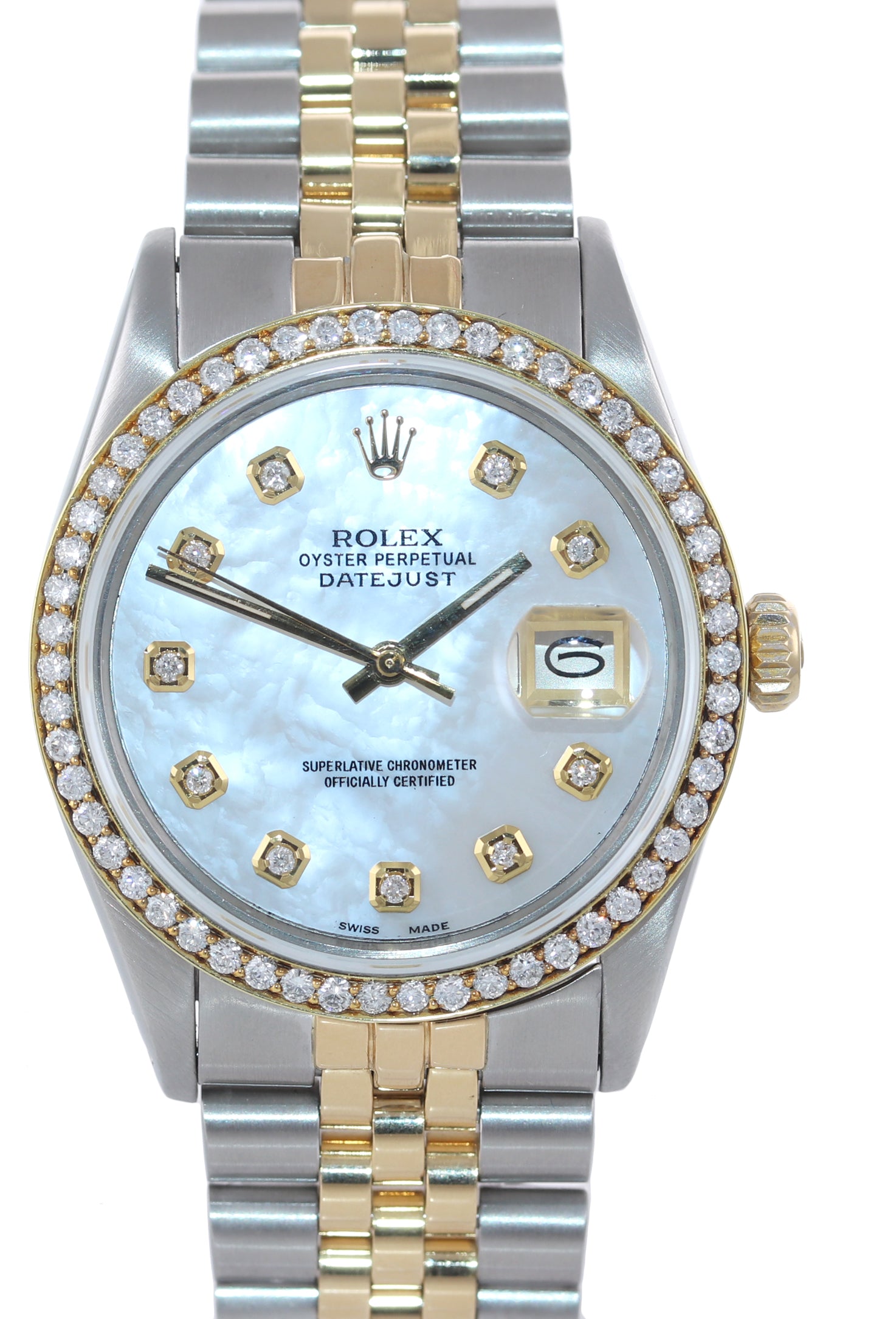 DIAMOND Bezel Rolex DateJust 36mm 16013 Diamond Bezel MOP Dial Watch Box
