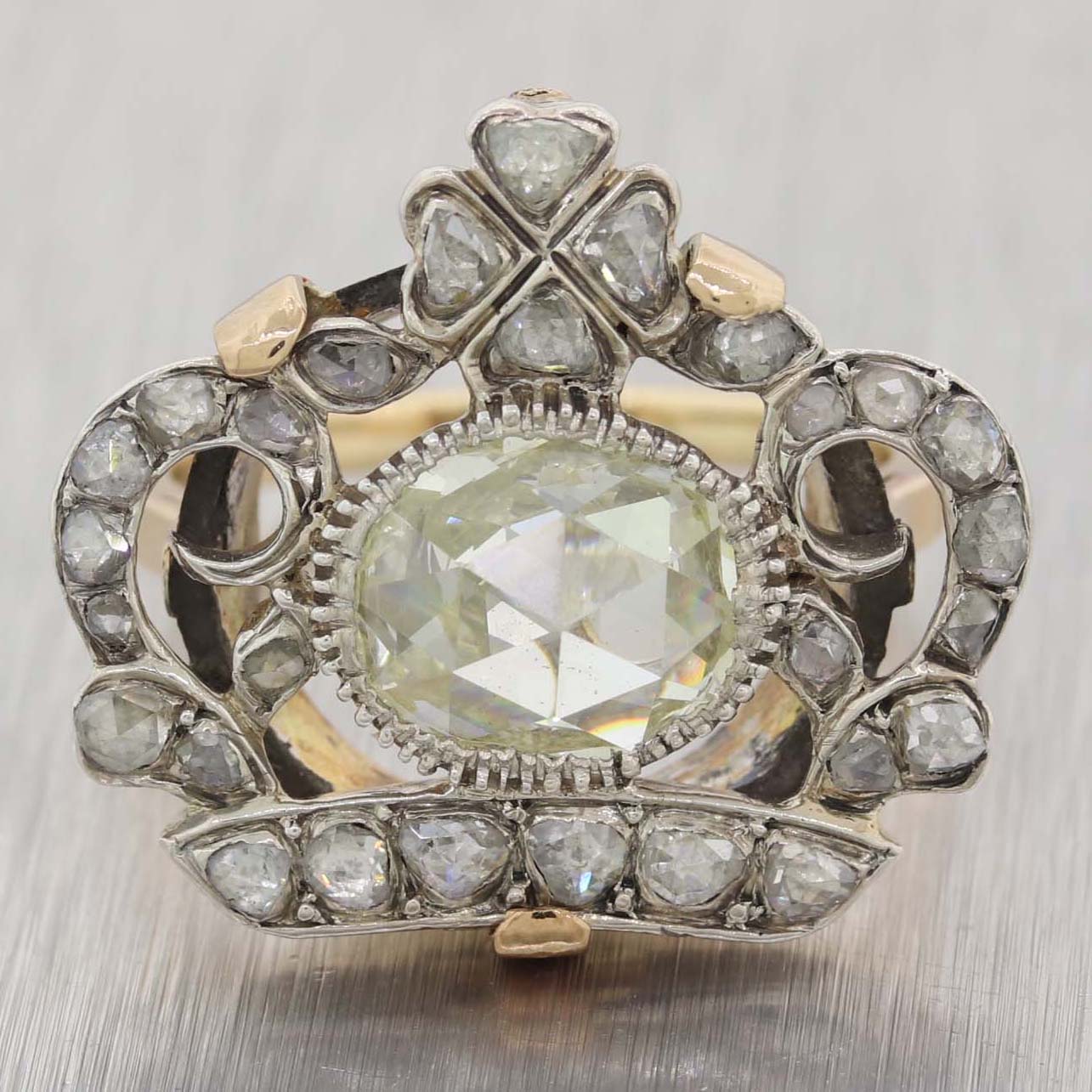 1850s Imperial Russian Sterling Silver 14k Yellow Gold Rose Cut Diamond Crown Ring