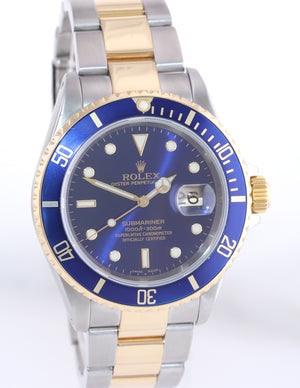 Rolex Submariner 16613 Two Tone Gold Blue 40mm Watch Box Gold Buckle