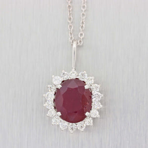 14k Platinum Glass Filled Ruby 1.00ctw Diamond Halo Pendant Chain Necklace A9