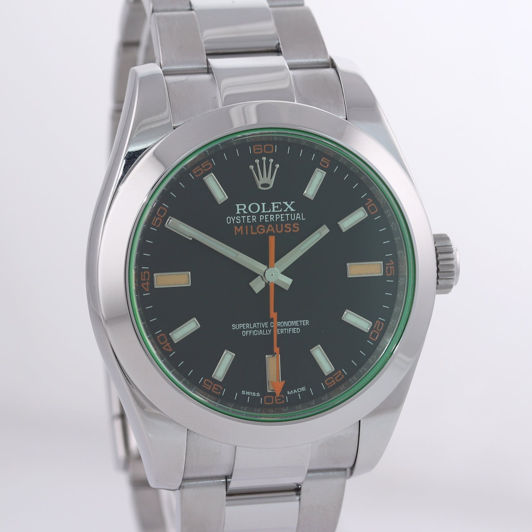 Rolex Milgauss Green Anniversary Orange Black 116400 GV Steel Watch Box
