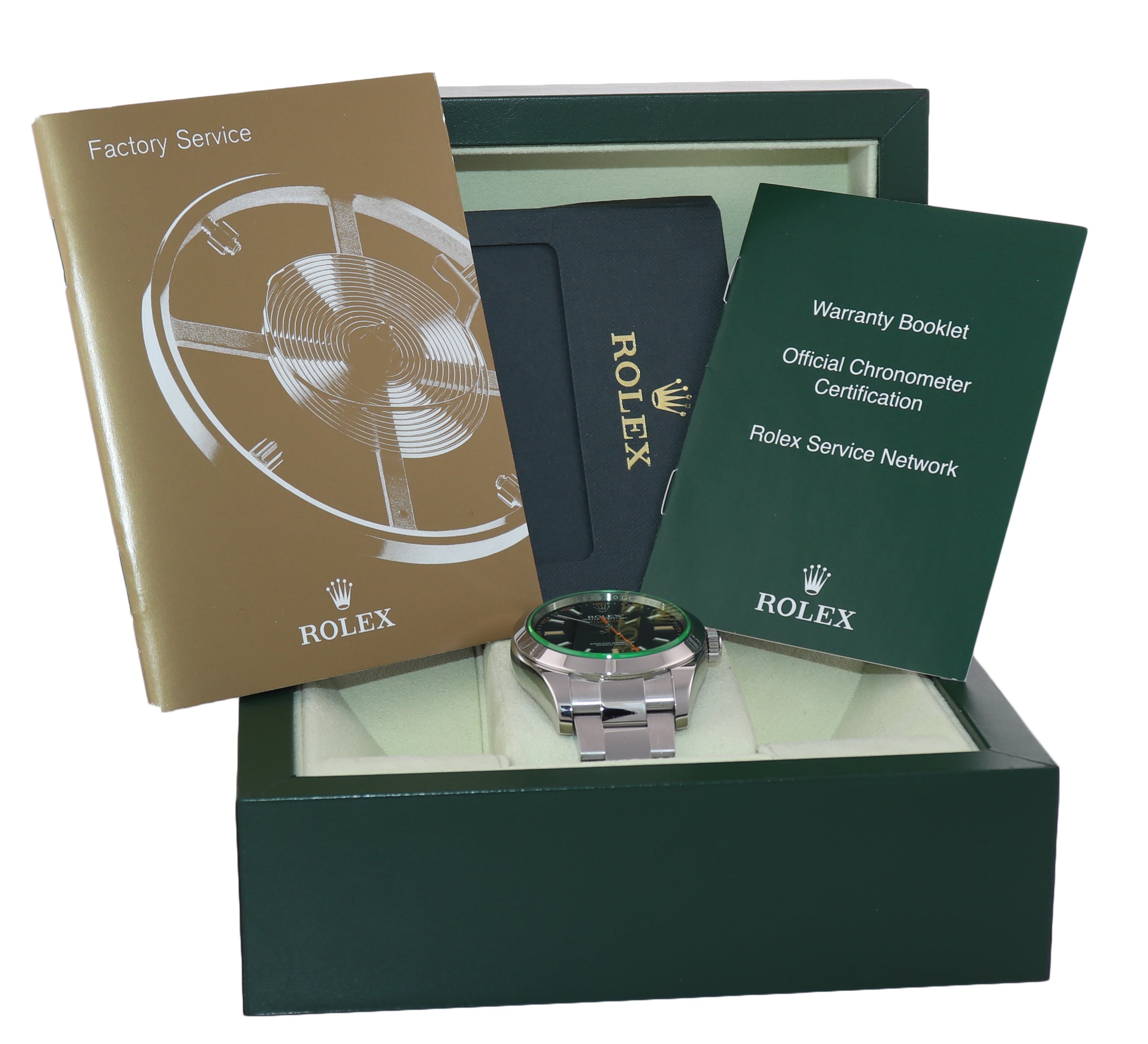 Rolex Milgauss Green Anniversary Orange Black 116400 GV Steel Watch Box