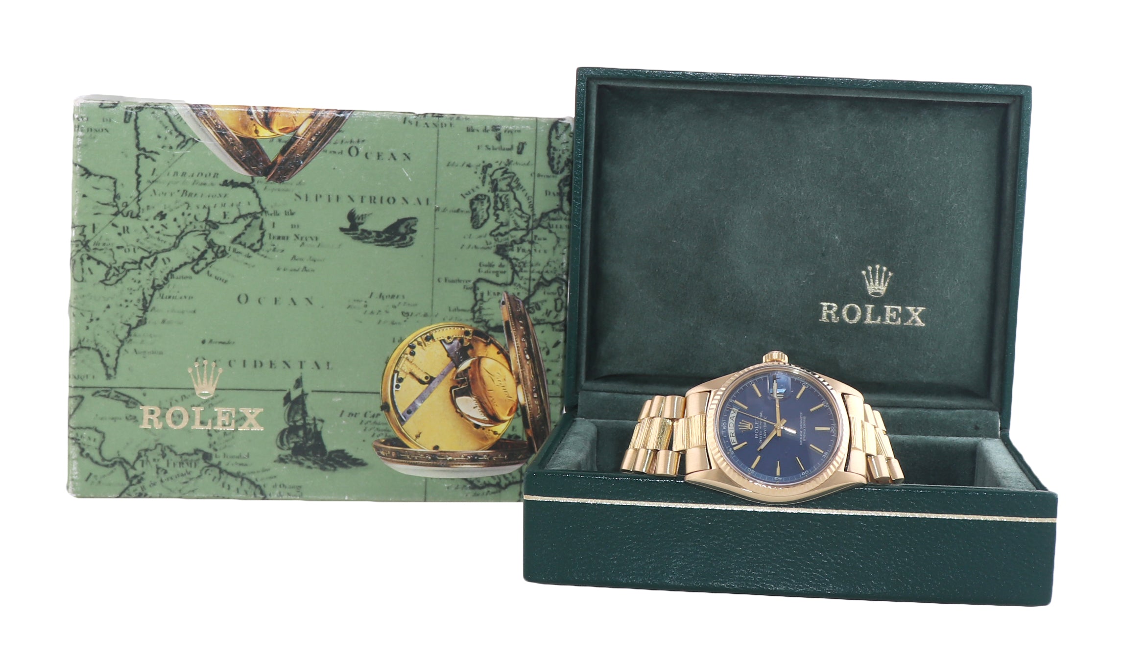 Rolex Day-Date President Yellow Gold Bark 1803 Blue Dial Watch Box