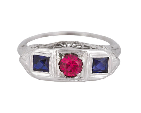1930s Antique Art Deco 14k White Gold Lab-Created Ruby & Sapphire Filigree Ring