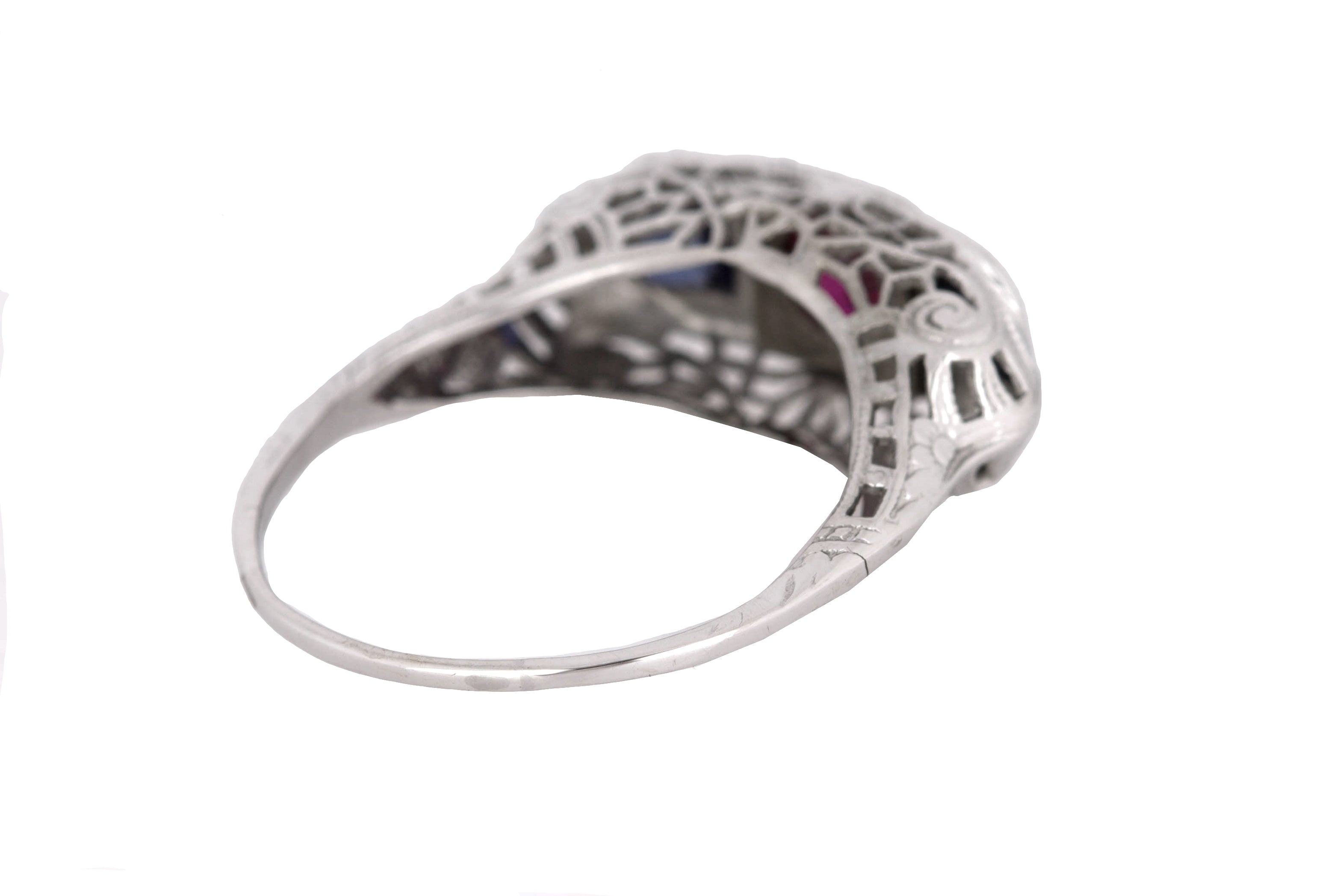 1930s Antique Art Deco 14k White Gold Lab-Created Ruby & Sapphire Filigree Ring