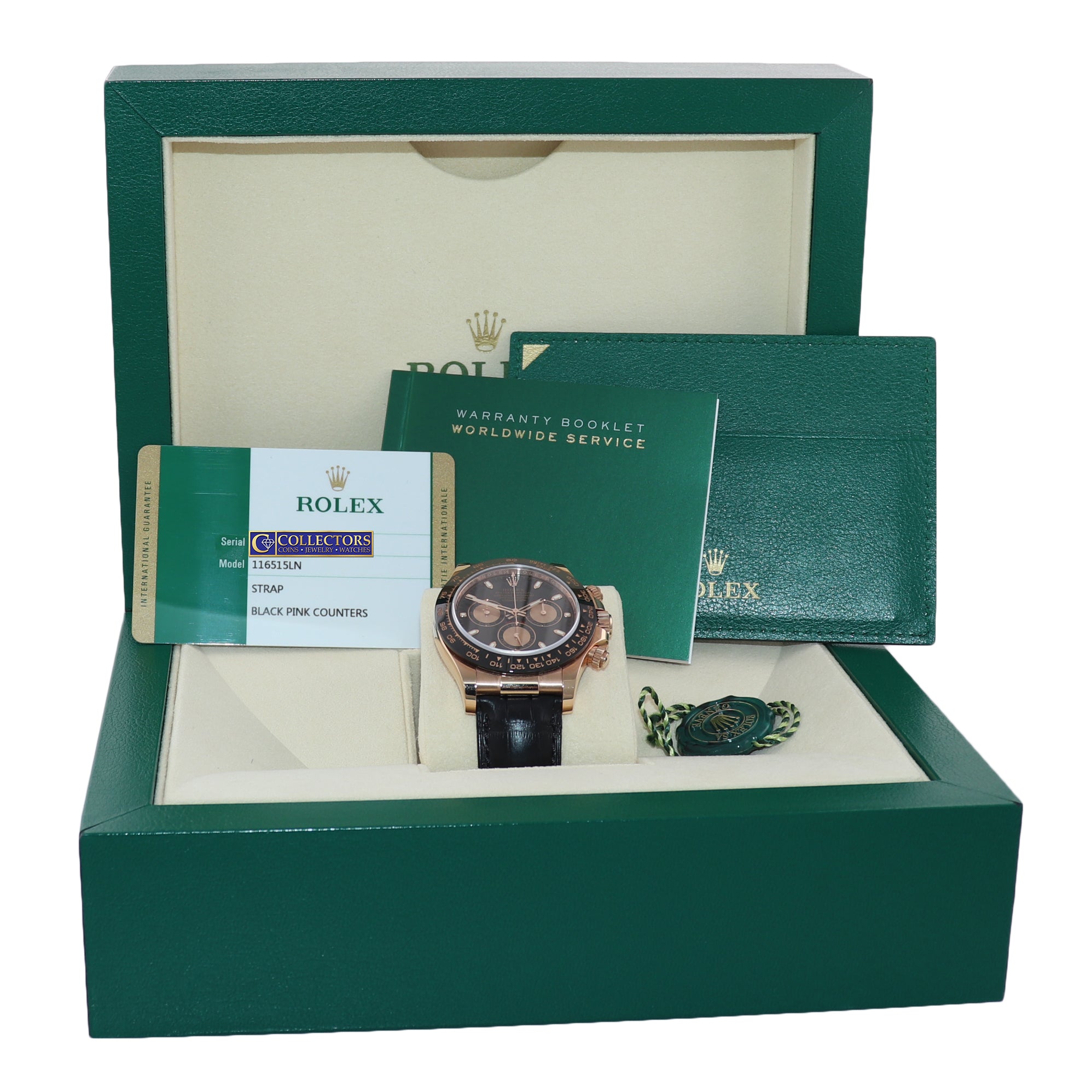 PAPERS NEW Rolex Daytona Ceramic 116515LN Rose Gold Black Leather Watch Box