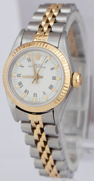 Ladies Rolex Oyster Perpetual 24mm Two-Tone Gold Steel White 67193 Jubilee Watch