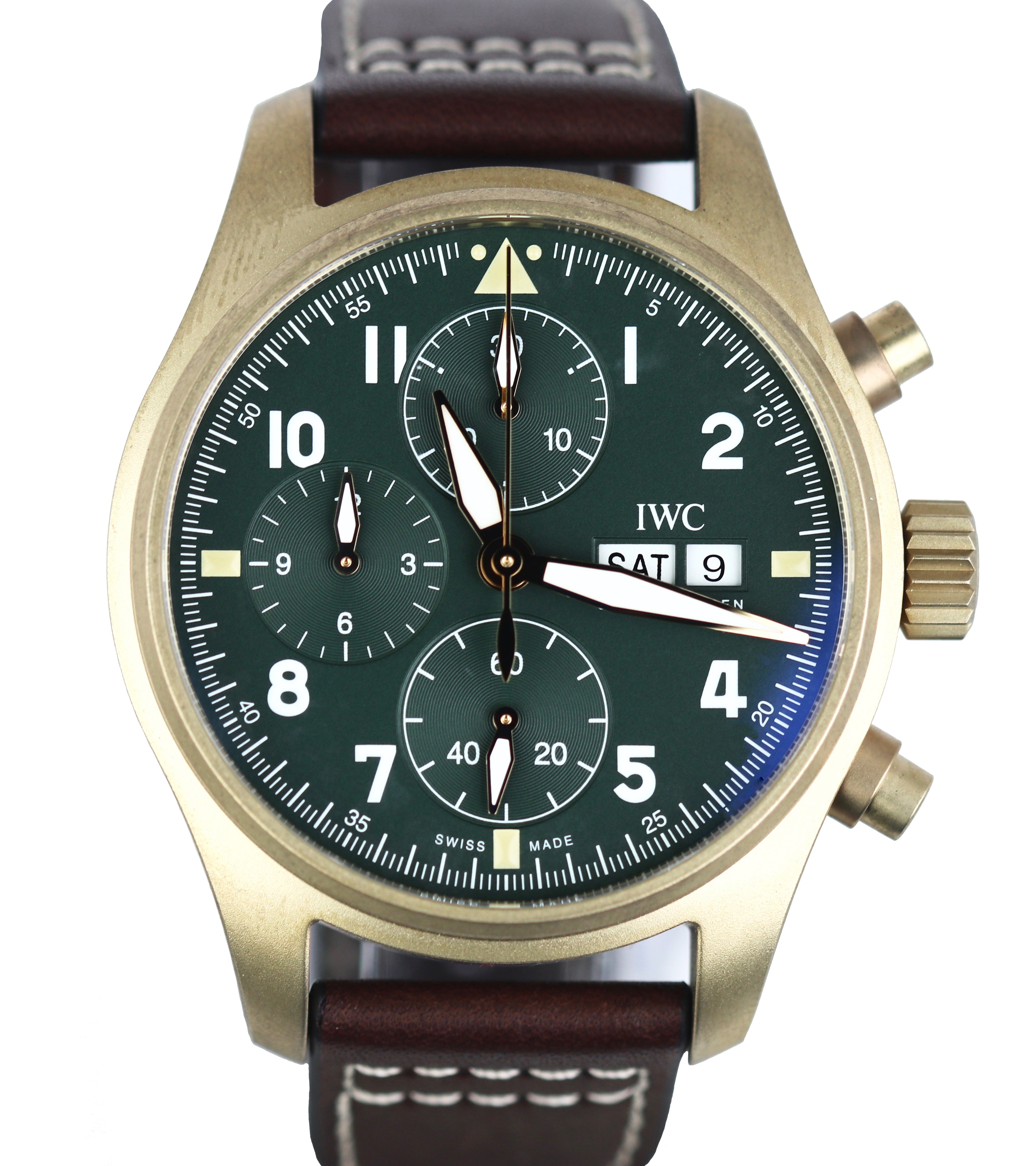 NEW IWC Spitfire Chronograph Day Date Green 41mm Bronze Auto IW387902 3879-02