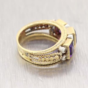1930's Antique Art Deco 14k Yellow Gold Amethyst Rose Cut Diamond Band Ring