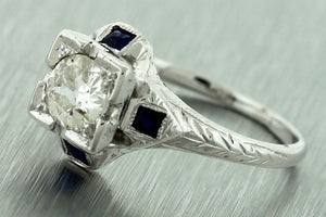 Antique Art Deco 18K Gold 0.75ct Old European Diamond Sapphire Engagement Ring