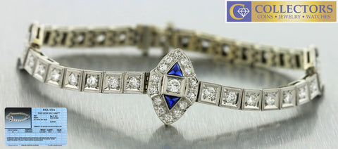 Antique Art Deco Estate Platinum 2.25ctw Diamond Blue Sapphire Tennis Bracelet