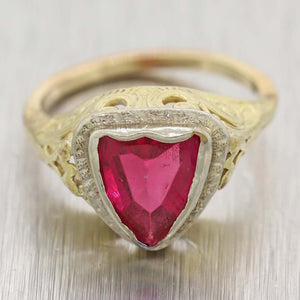 1930's Antique Art Deco 14k Yellow Gold Red Glass Shield Ring
