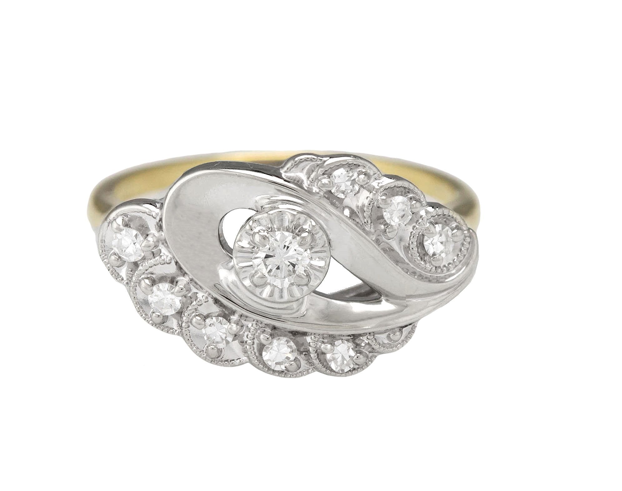 Ladies 14K White/Yellow Gold Two-Tone 0.22ctw Diamond Ornate Cocktail Ring