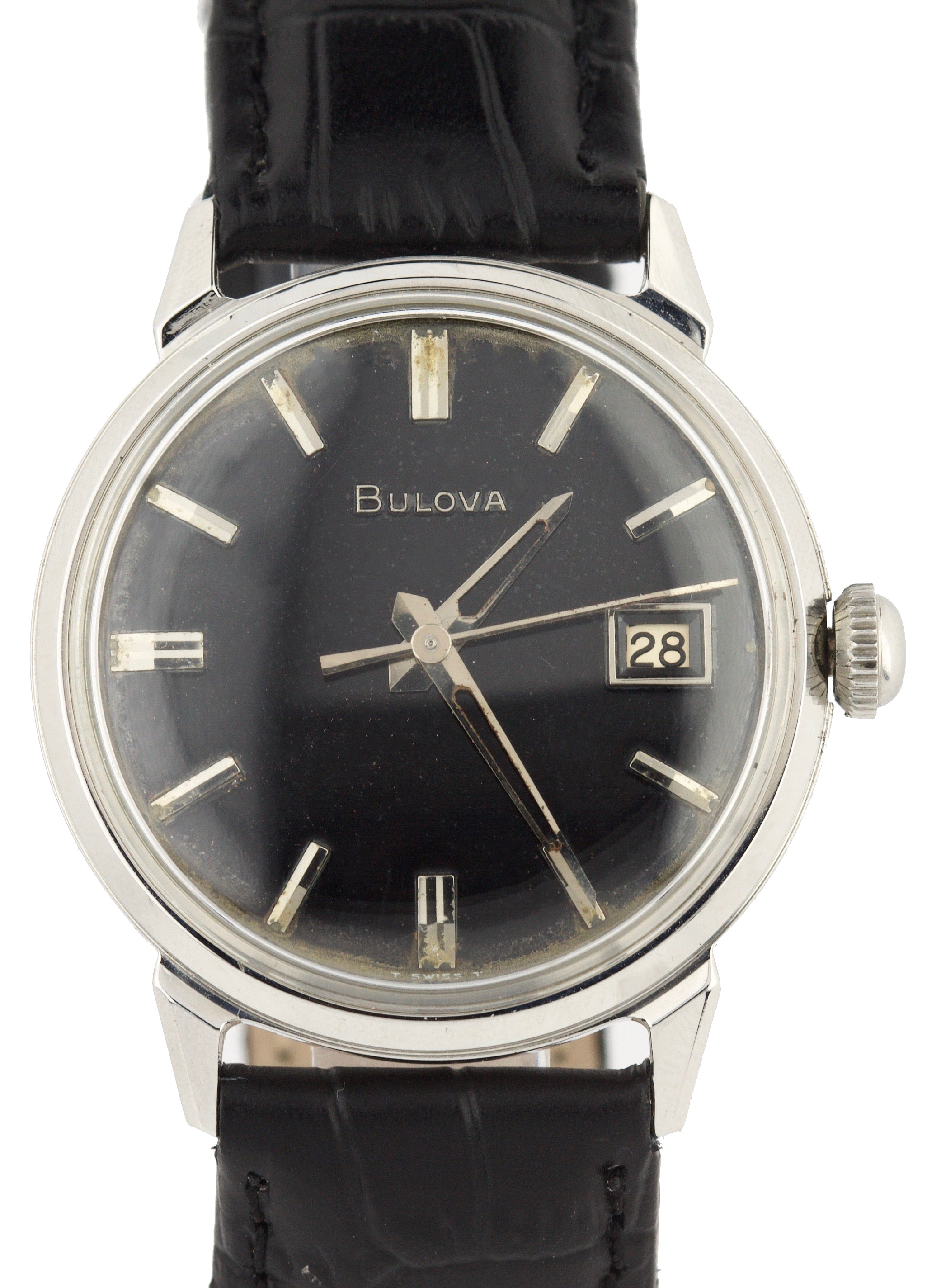 Vintage Bulova Stainless Steel Black Dial Date 34mm Engraved Leather Watch