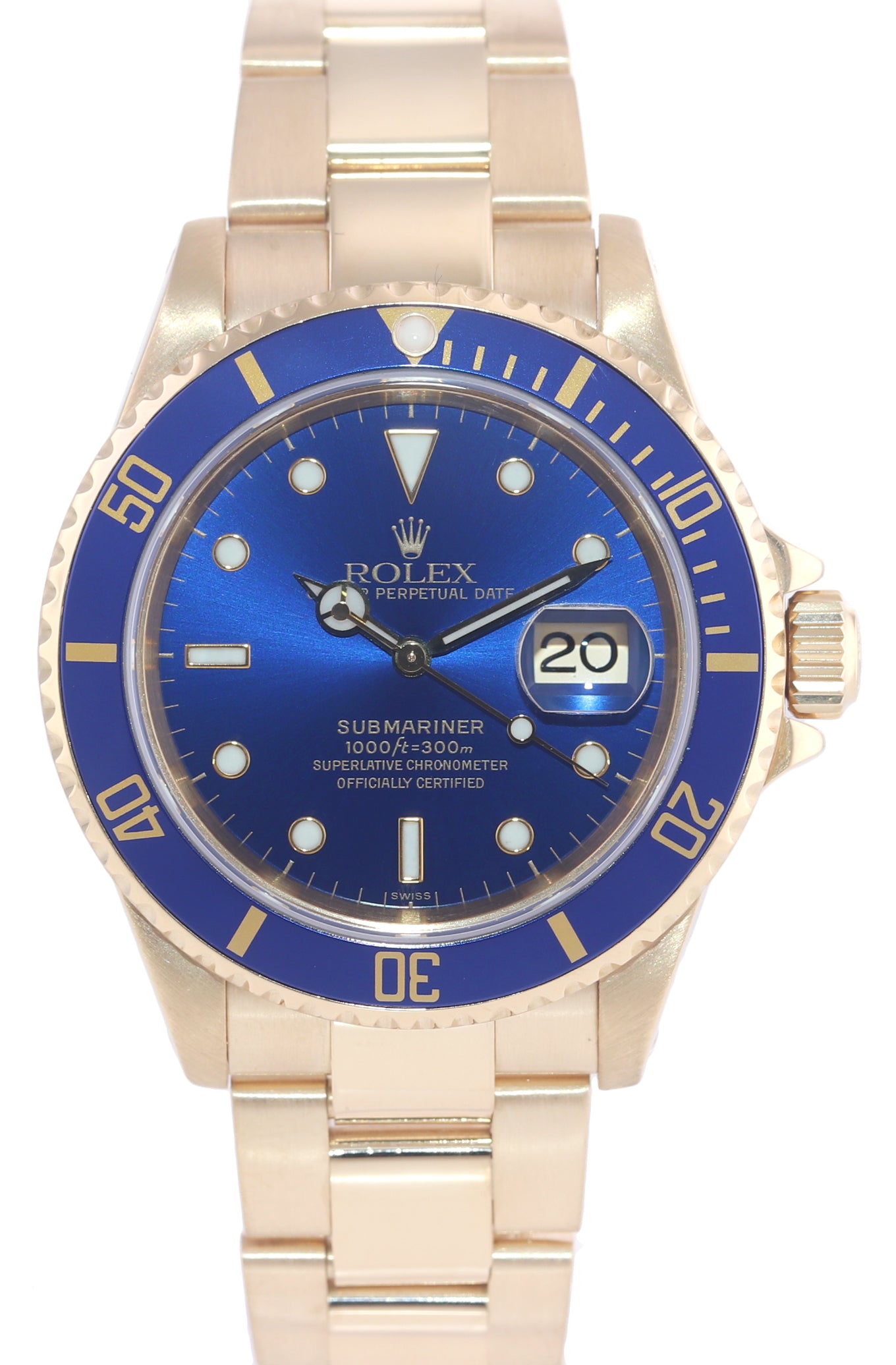 1999 PAPERS Rolex 16618 Submariner 18K Yellow Gold Blue Sunburst Dial Watch Box