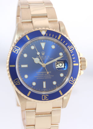 1999 PAPERS Rolex 16618 Submariner 18K Yellow Gold Blue Sunburst Dial Watch Box