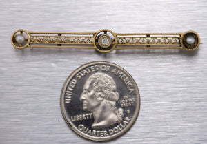 Antique Art Deco 14K Yellow Gold Milgrain 0.05ct Diamond Pearl Bar Pin Brooch