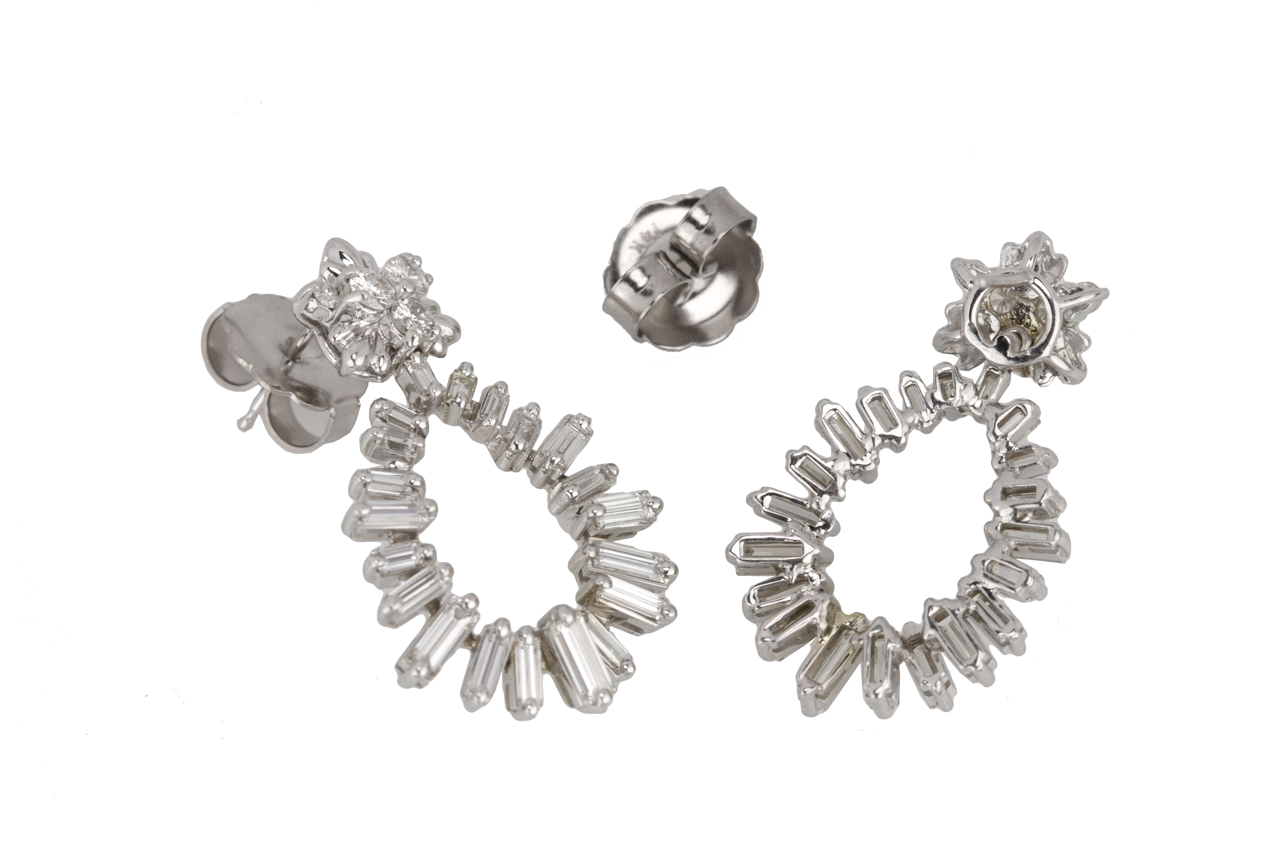 Ladies Modern 14k White Gold 2.20ctw Baguette Cut Diamond Drop Hoop Earrings