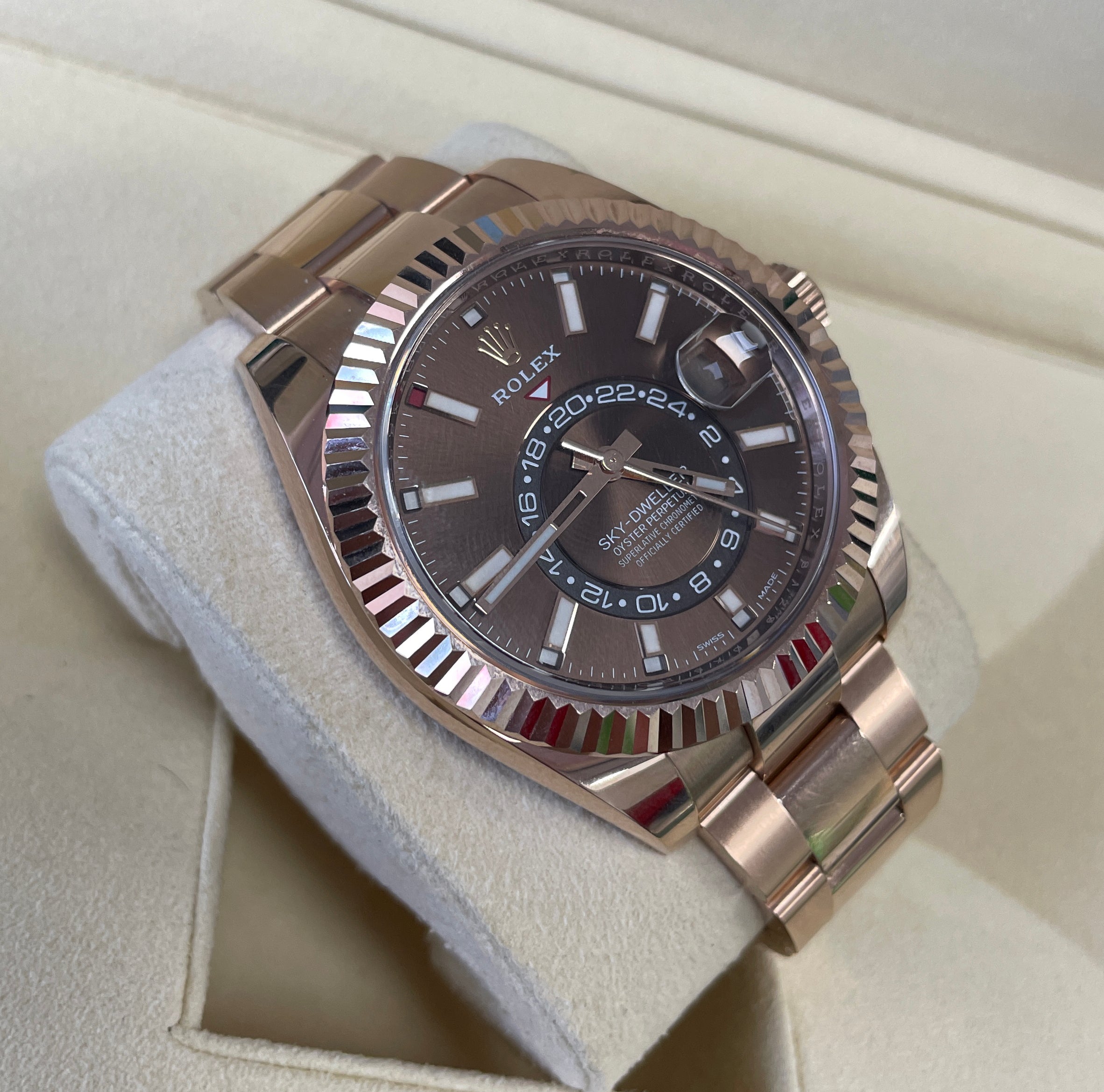 2021 Rolex Sky-Dweller 42mm 18K Rose Gold Chocolate Index 326935 Watch B+P