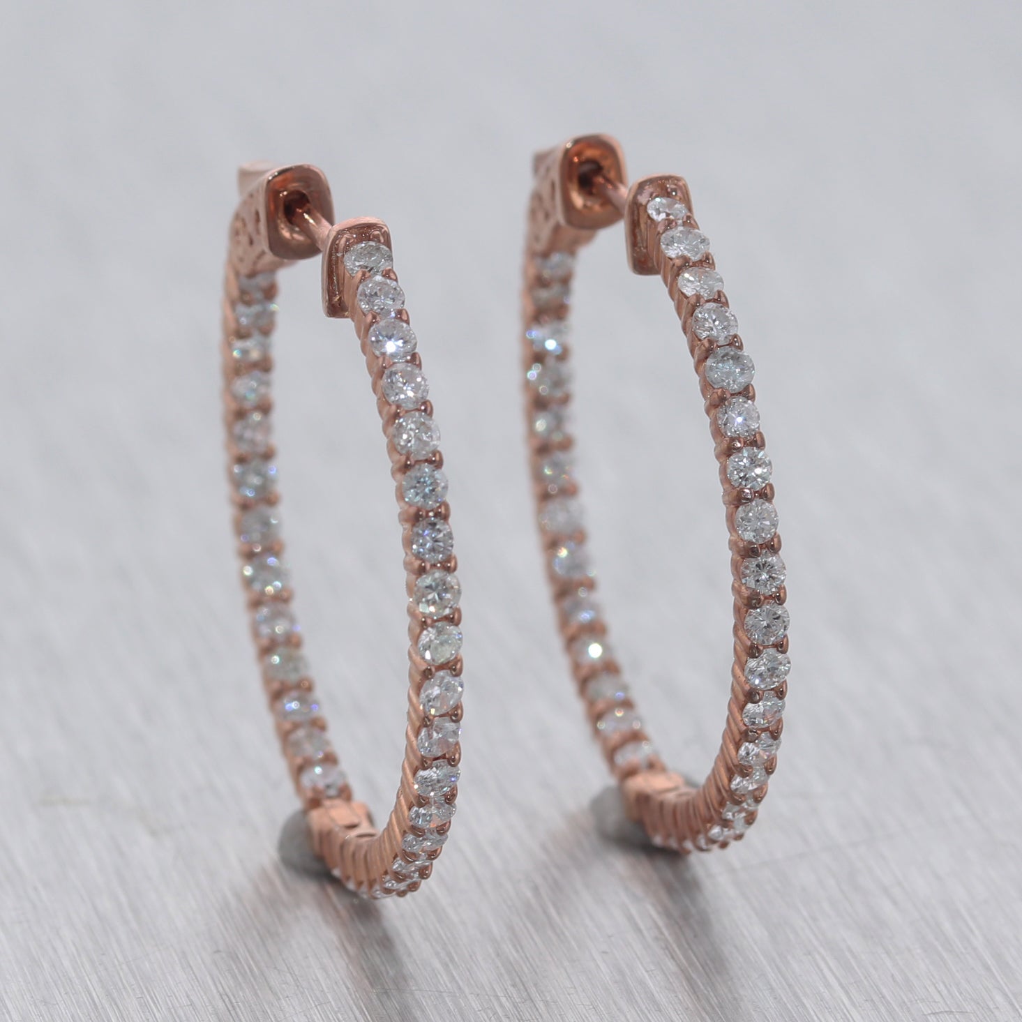 Modern 14k Rose Gold 2.03ctw Diamond In & Out Hoop Earrings