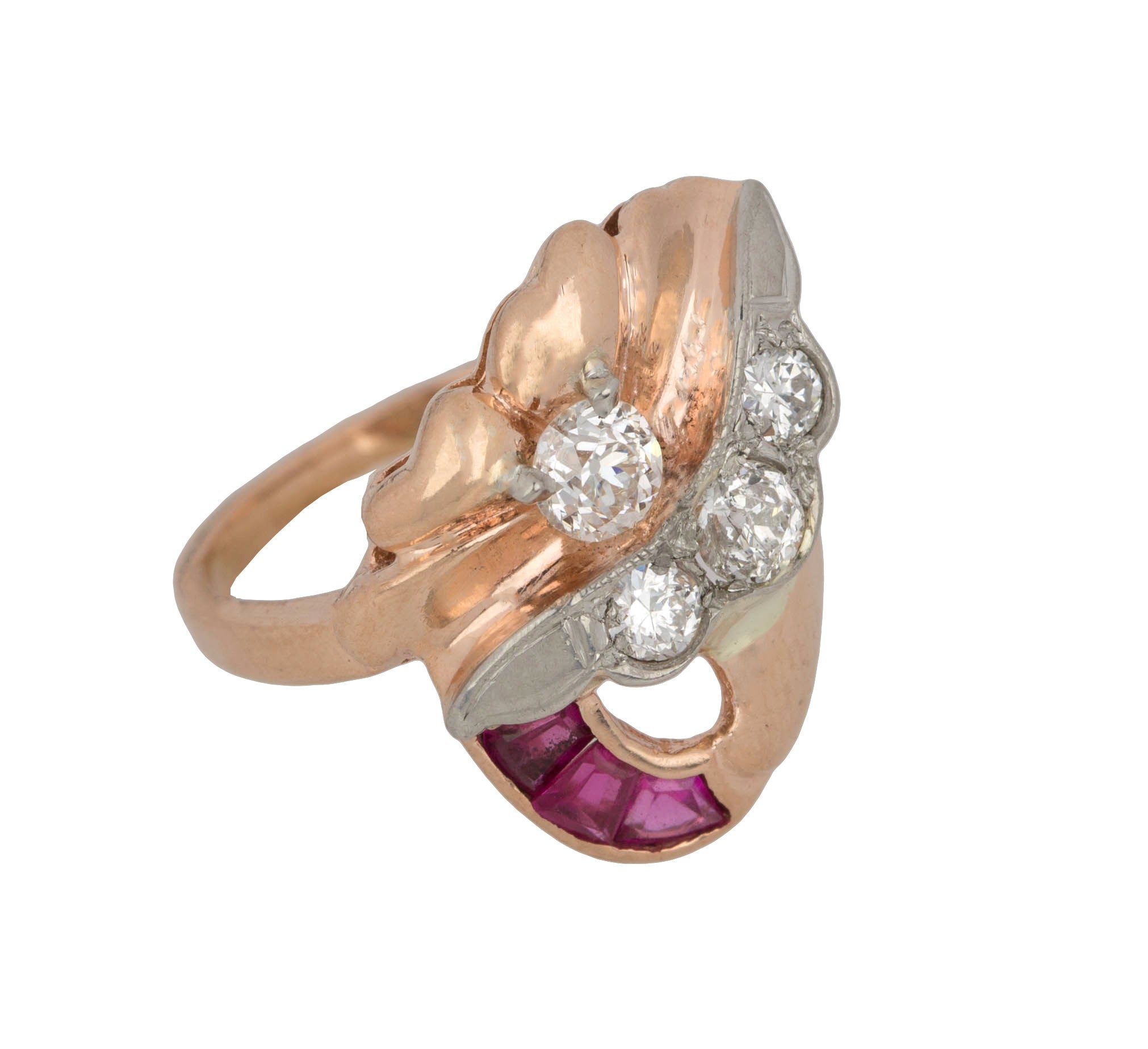 Women's Modernist Estate 14k Rose Gold 0.41ctw Diamond Ruby Cocktail Ring