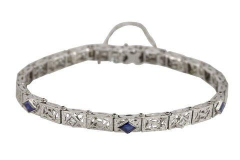 1930's Art Deco 14K White Gold 0.04ctw Diamond Sapphire Floral Filigree Bracelet