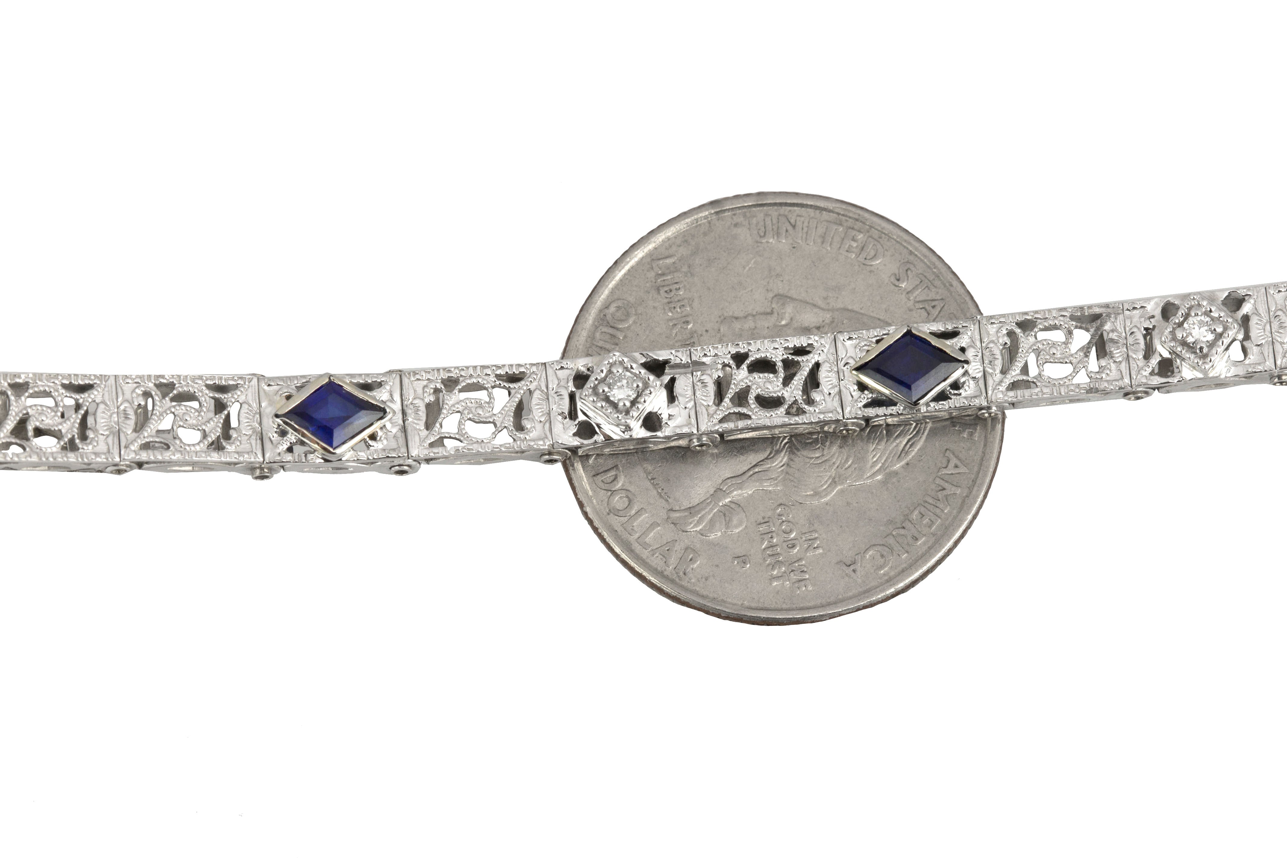 1930's Art Deco 14K White Gold 0.04ctw Diamond Sapphire Floral Filigree Bracelet