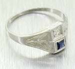 Antique Art Deco 14k Solid White Gold 0.05ct Diamond & Sapphire Petite Ring