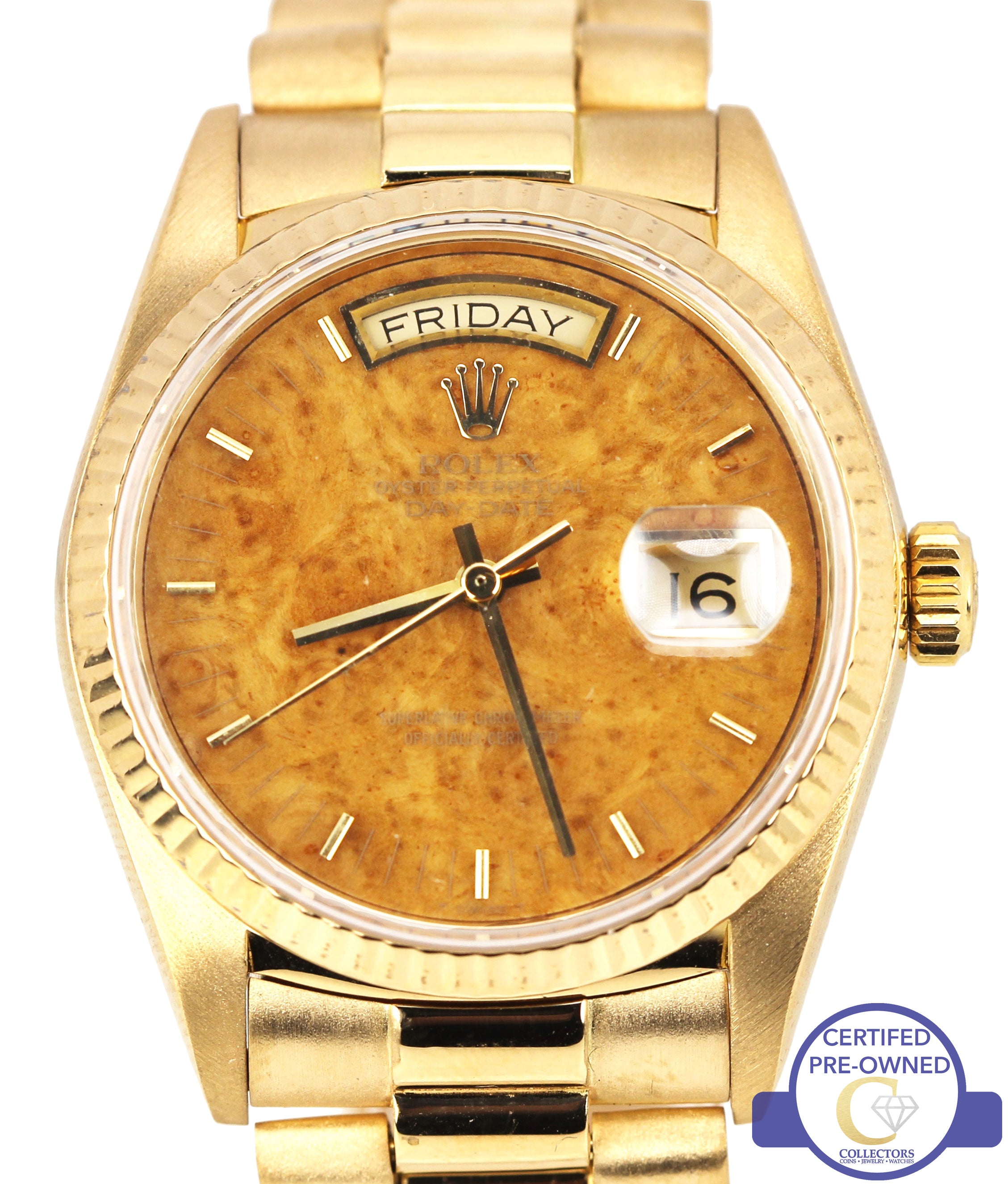 Rolex Day-Date President 36mm 18038 18K Gold Burl Wood Watch Presidential