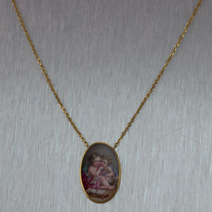 1880's Anituqe Victorian 14k Yellow Gold Hand Painted Porcelain 19" Necklace