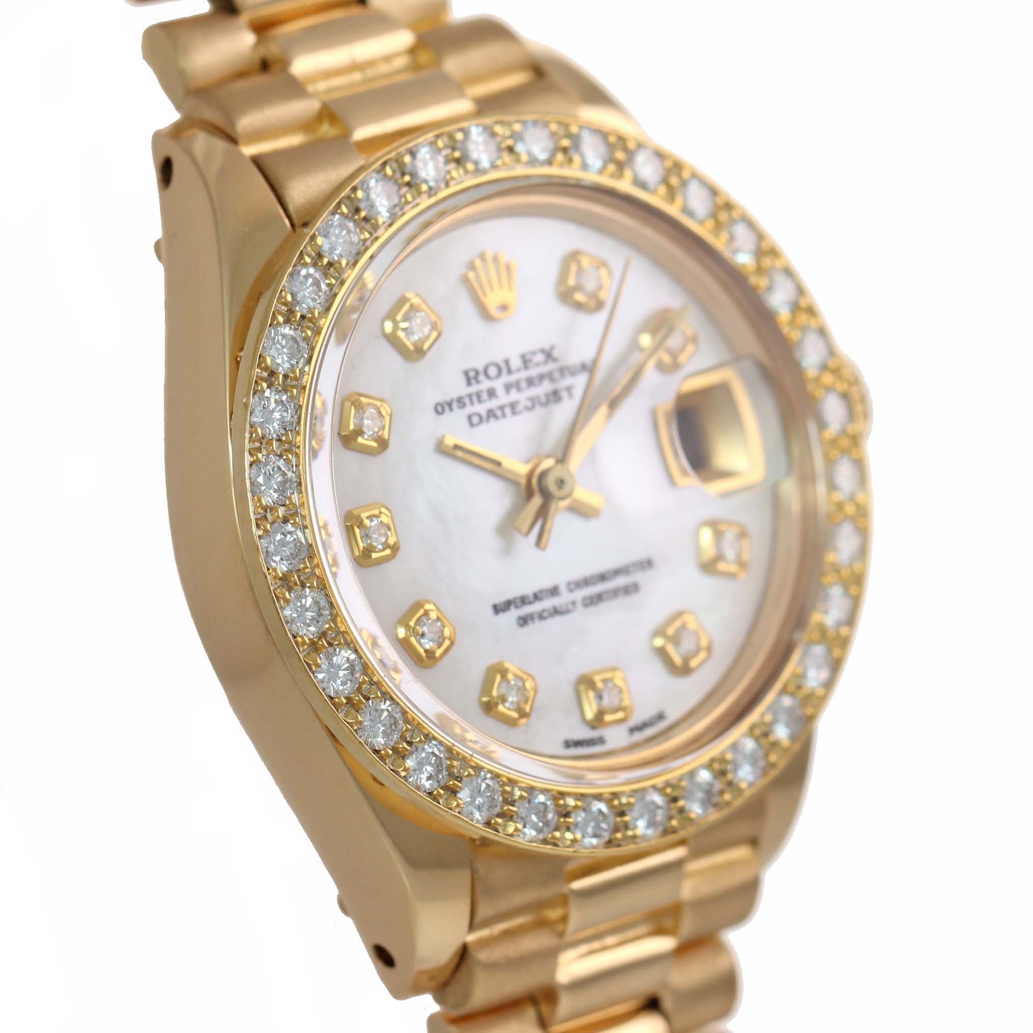 DIAMONDS Ladies Rolex DateJust President 26mm MOP 6917 18k Yellow Gold Watch