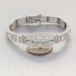 1930's Antique Art Deco 14k White Gold 1ctw Diamond & Emerald Filigree Bracelet